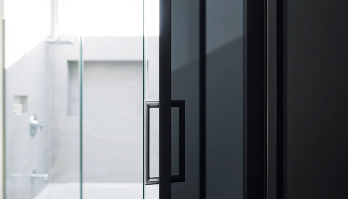 Black shower door in a stylish bathroom, highlighting sleek design and modern elegance.