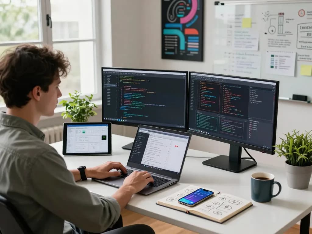 Developer working with Moltbot and clawdbot integrations in a modern home office with coding screens.