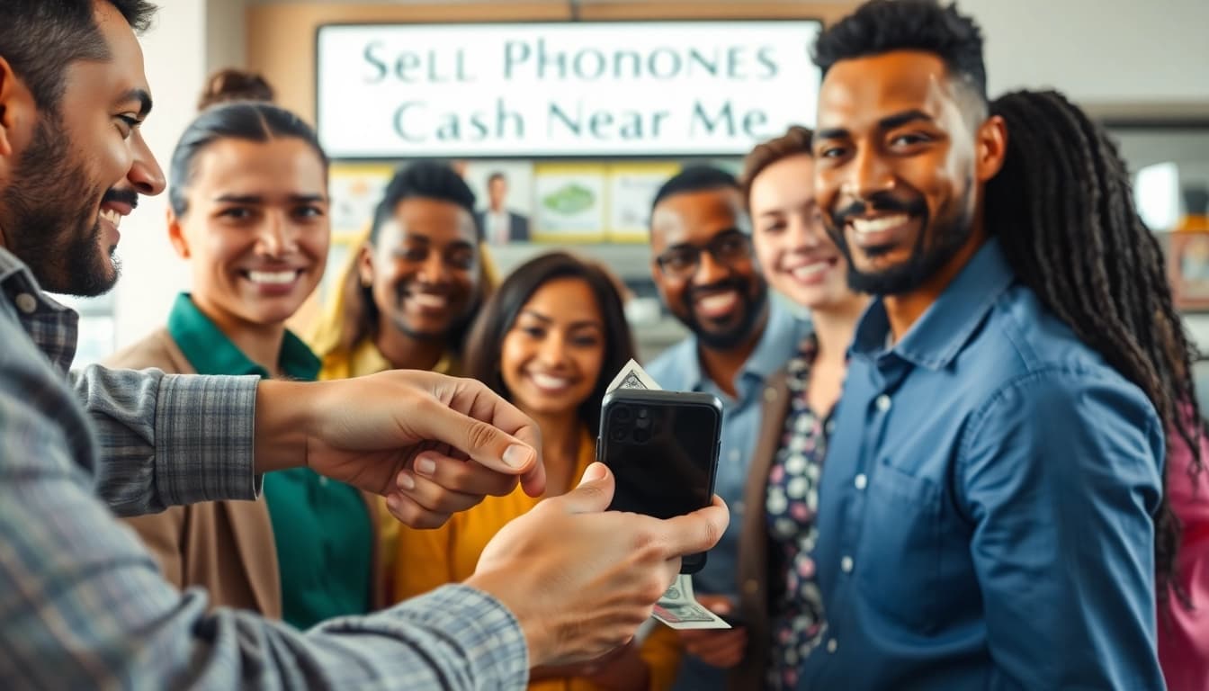 Sell Phone Cash Near Me transaction with happy customers exchanging devices for cash.