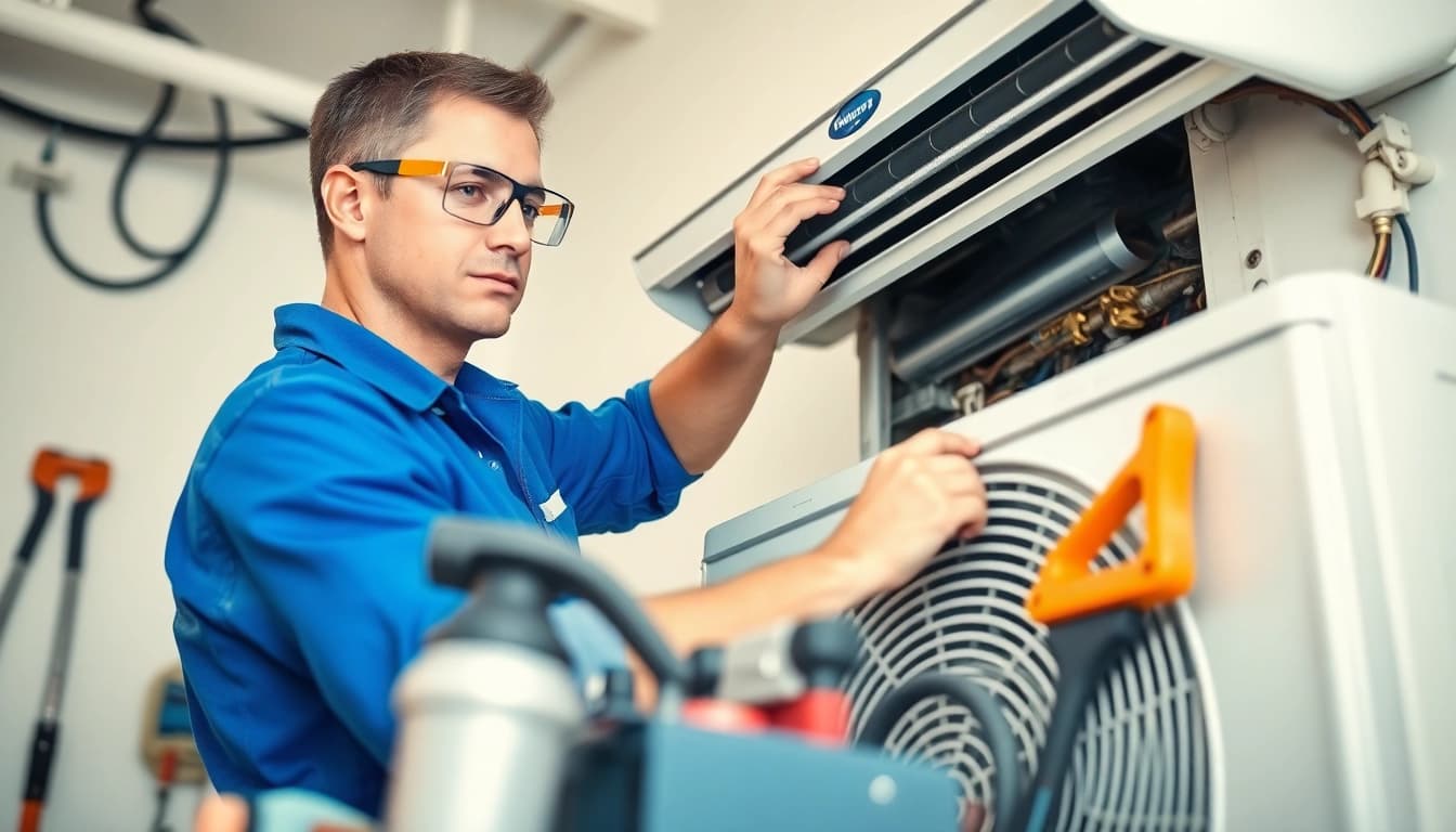 Expert technician performing AC Repair Tampa service in a bright indoor setting.