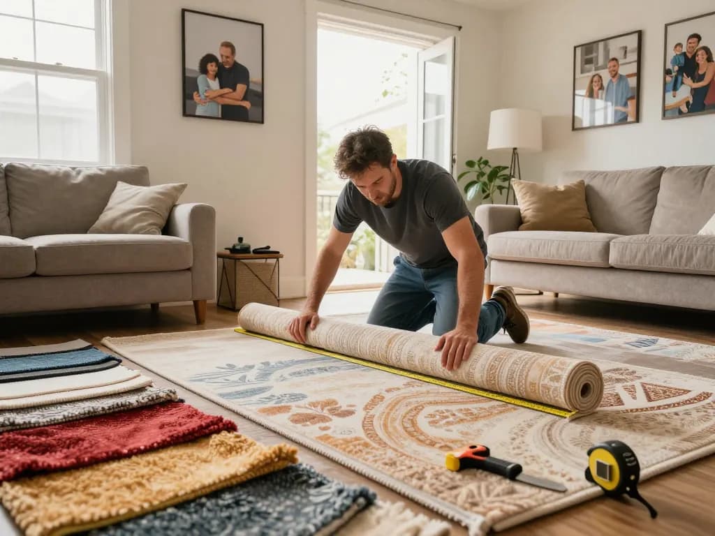 Expert carpet fitters near me professionally measuring and installing carpet in a cozy living room.