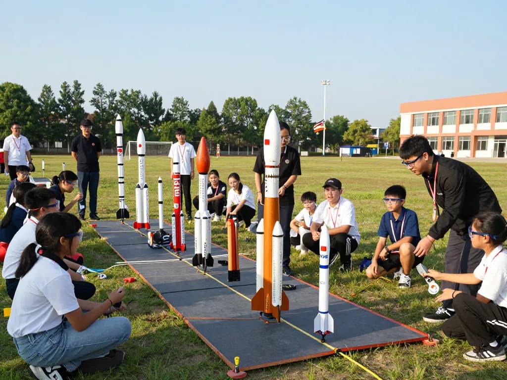 Students preparing model rocket engines for exciting school launches in an outdoor field.