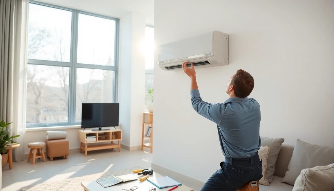 Technician installing a mini split ac in a bright, modern living room.