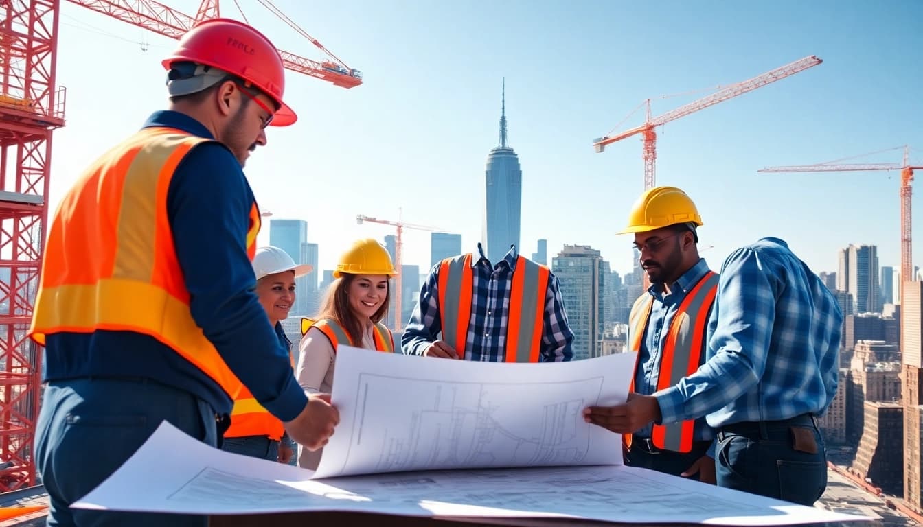 New York Commercial General Contractor team collaborating on a skyscraper construction site.