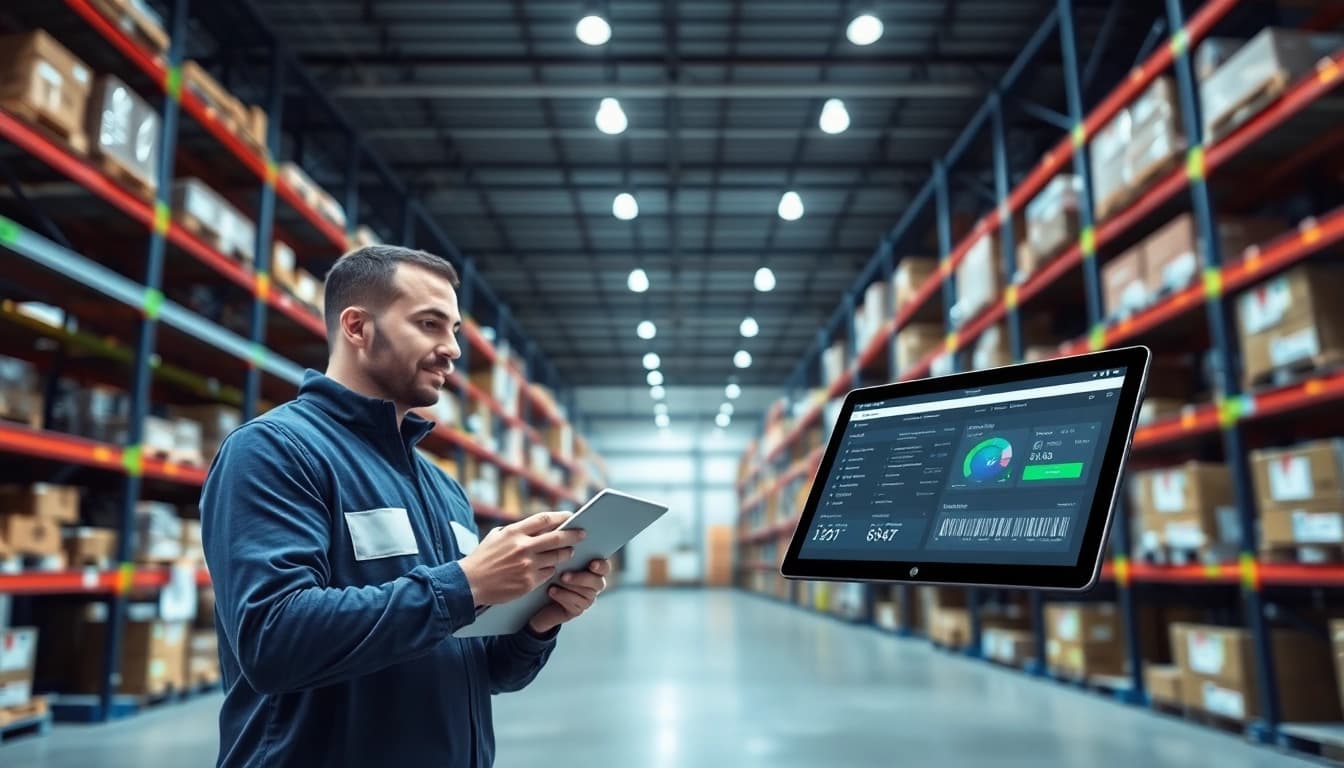Professional warehouse manager using lot tracking software for real-time inventory management.