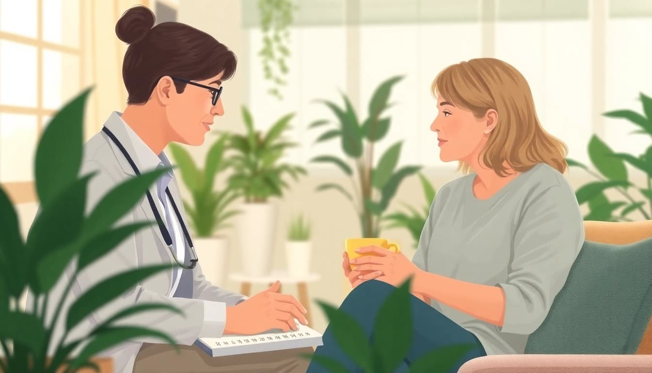 Mental wellness session with a therapist in a calming office environment.