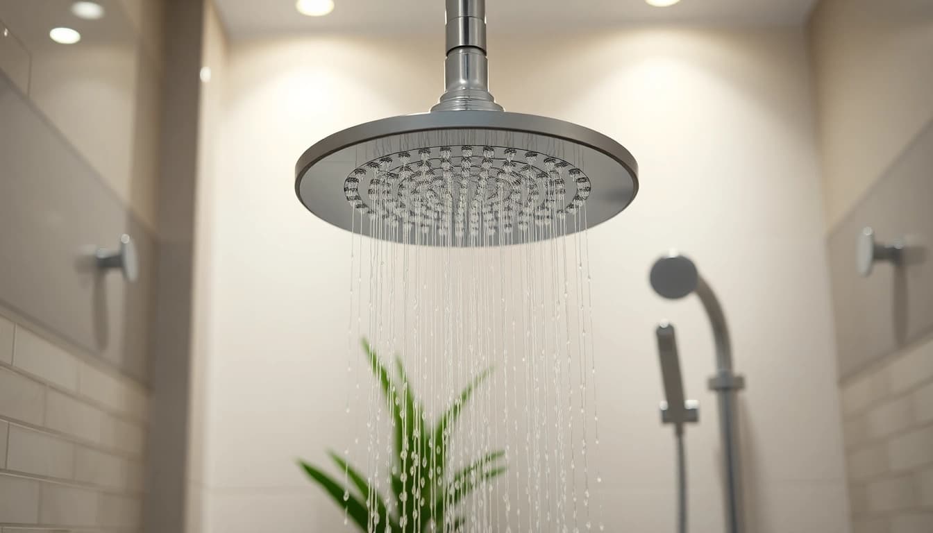 Experience elegant showers with a luxurious rainfall showerhead in a modern bathroom setting.