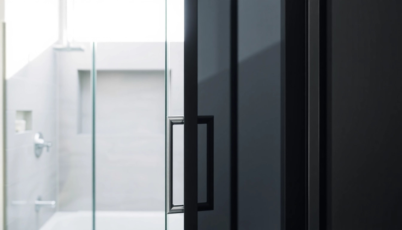 Black shower door in a stylish bathroom, highlighting sleek design and modern elegance.