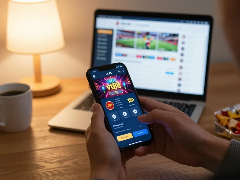 Player engaging with the vt88 app on a smartphone while surrounded by a cozy home setting.