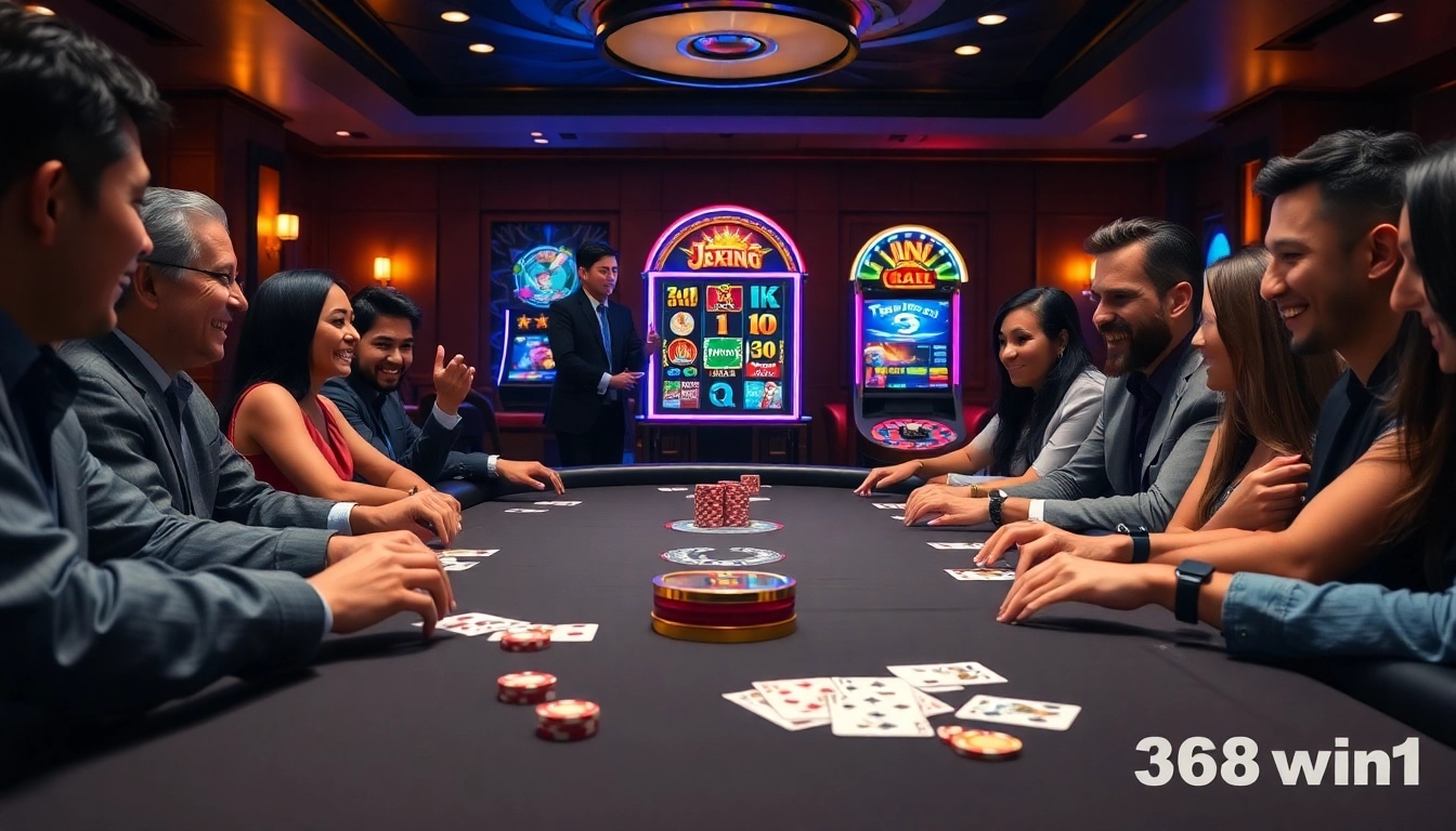 Players winning at a poker table in a luxurious casino setting, highlighting excitement with 58win1.