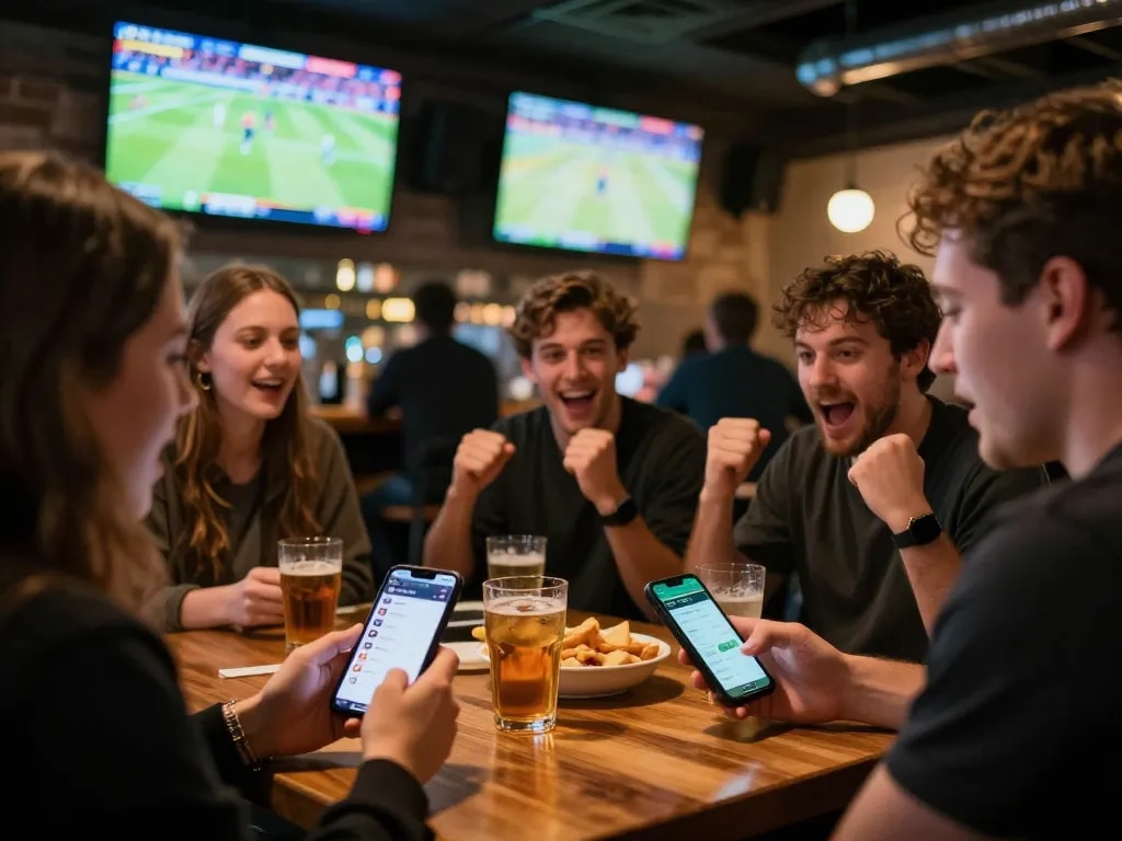 Bong88 sports betting excitement with friends using mobile app during live games.