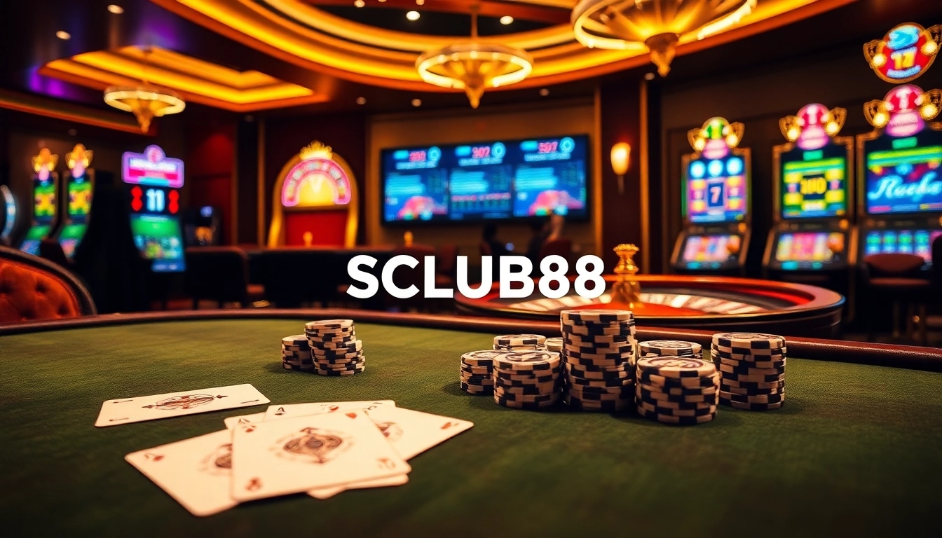Experience the excitement at SCLUB88 with a vibrant casino scene featuring poker chips and roulette wheels.