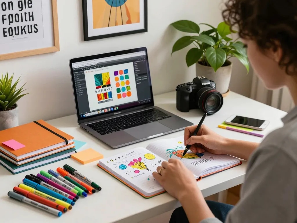 Artist using custom printed notebooks for creative work in a vibrant, inspiring workspace.