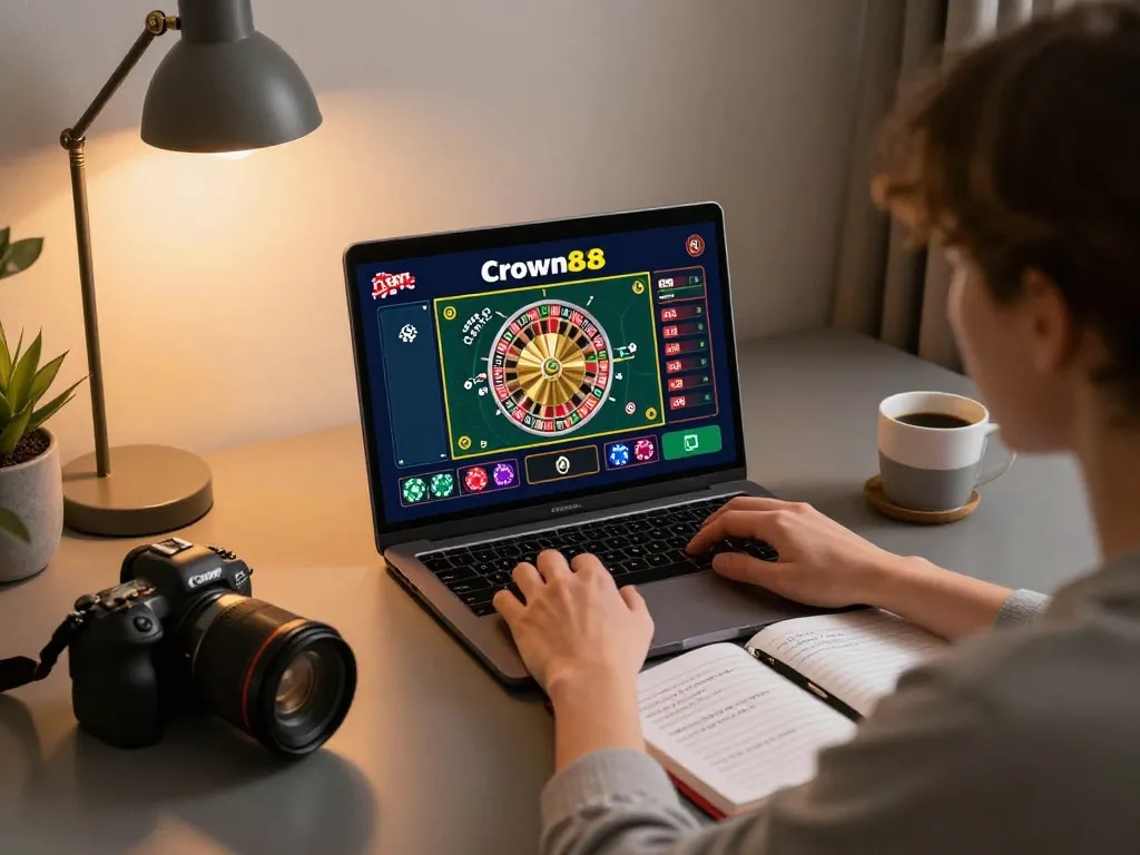 Crown88 player engaged in roulette gameplay at home, showcasing smart betting strategy