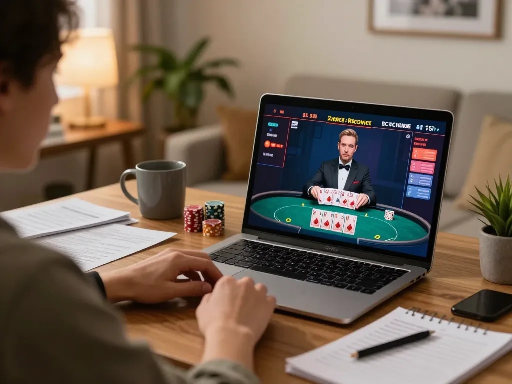 Player enjoying a thrilling online poker game with 789F, showcasing strategy and focus in a cozy setting
