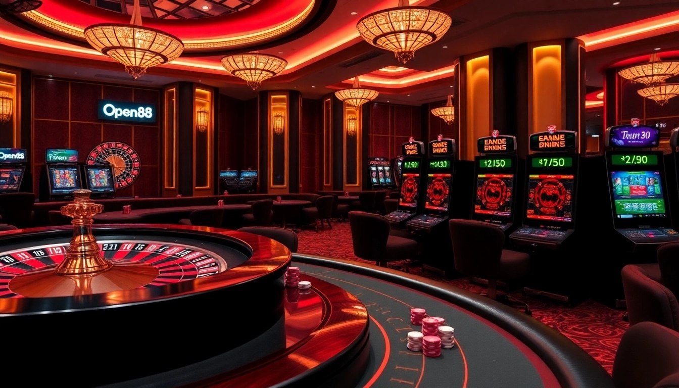 Experience thrilling bets at open88 with vibrant casino tables, roulette wheels, and poker chips.