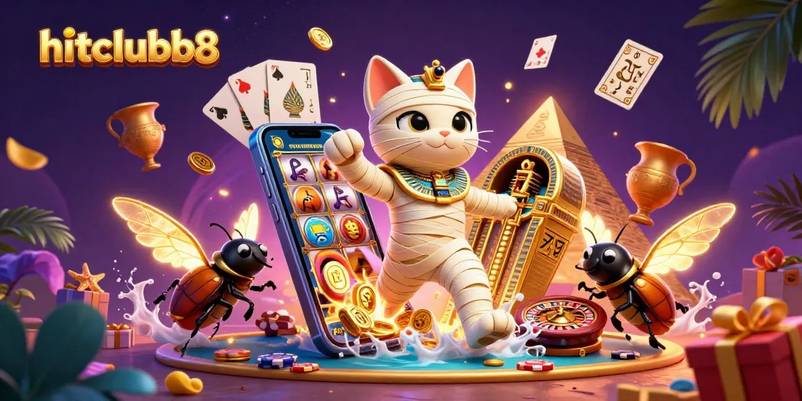 Join the vibrant adventure with hitclubb8's Egyptian mummy cat in a dazzling casino scene.