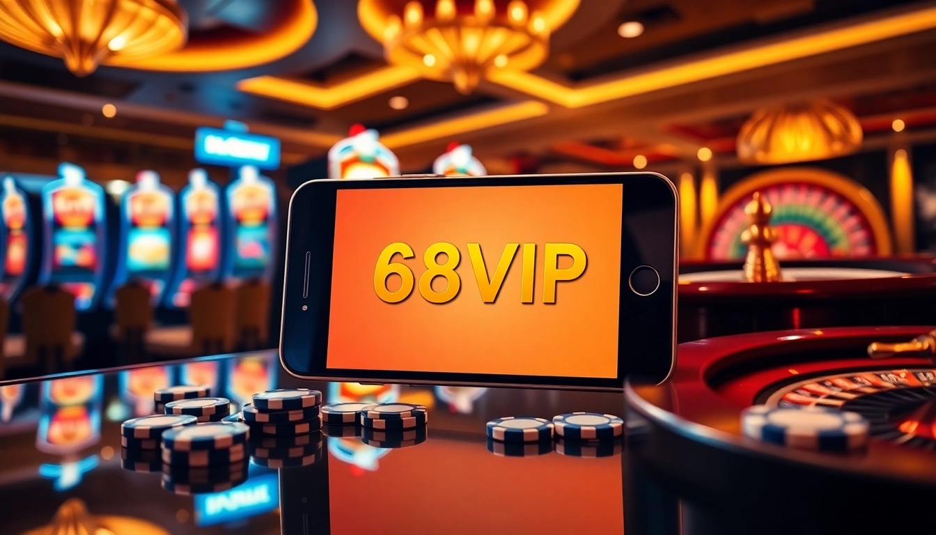 Tải App Nhà Cái 68VIP on a mobile device amidst a vibrant casino scene with slot machines and poker chips.