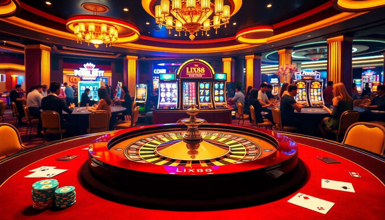 LIXI88 casino scene featuring poker tables, a roulette wheel, and lively players celebrating wins.