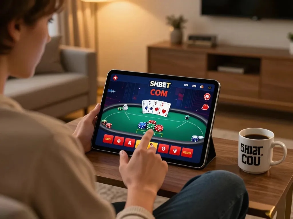 Engaging with SHBET COM's casino app for online poker gaming, showcasing strategic focus and modern decor.