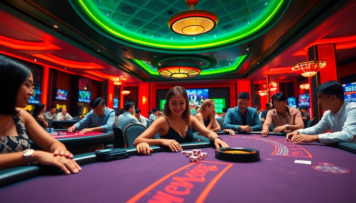 Exciting virtual casino scene at topgamebaidoithuong.mx with players enjoying card games.