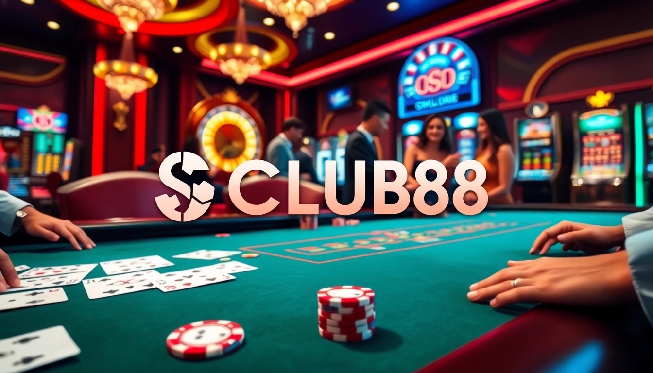 Gamblers enjoy a thrilling game of poker at SCLUB88 casino, showcasing excitement and luxury.