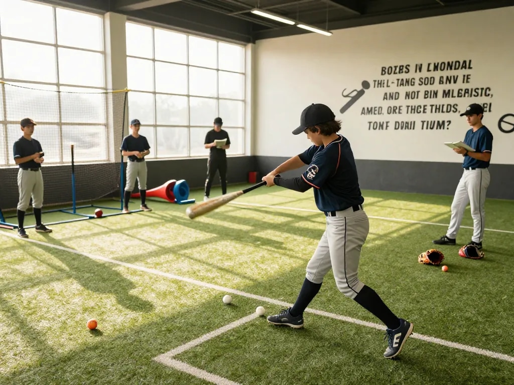 Young athlete practicing in hit club baseball training facility.