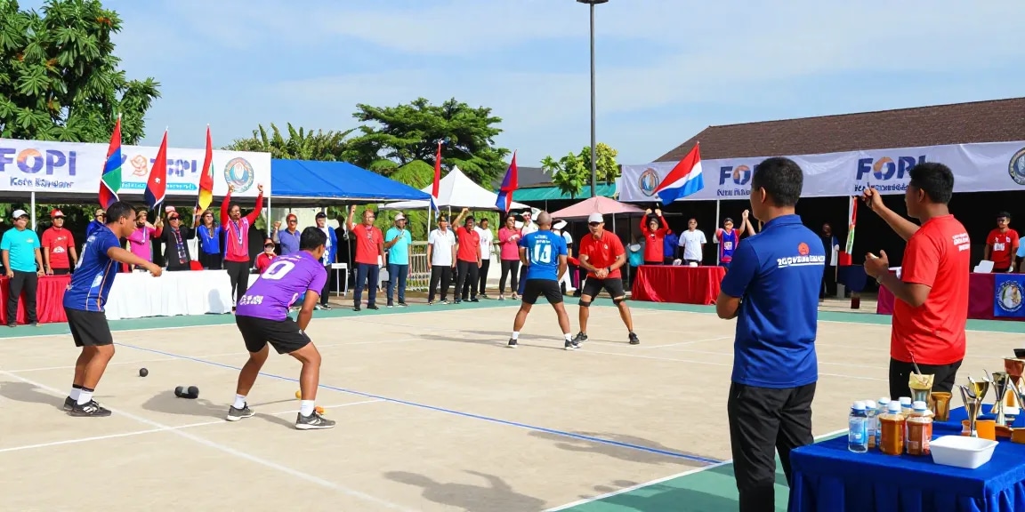FOPI Kota Kendari petanque competition scene with vibrant players and cheering audience.