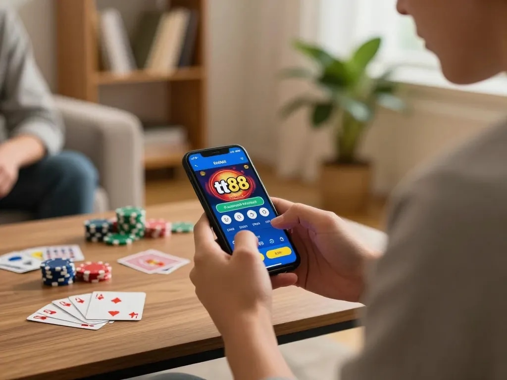 Engaging gameplay on the tt88 app with chips and cards on the table in a cozy home setting.