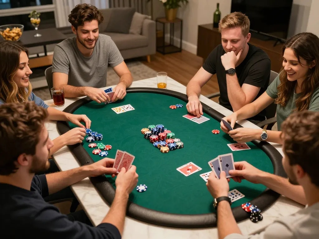Exciting home poker night with friends showcasing engaging gameplay at BL555 com.