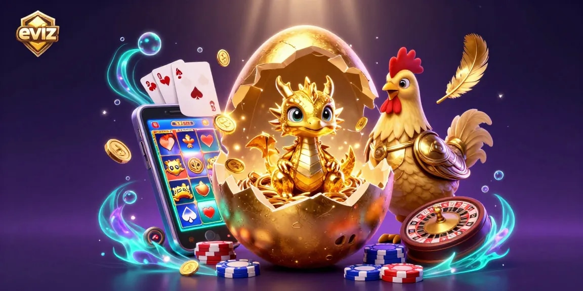 Engage with eviz's stunning 3D illustration of a golden dragon emerging from a casino-themed egg amidst vibrant gaming elements.