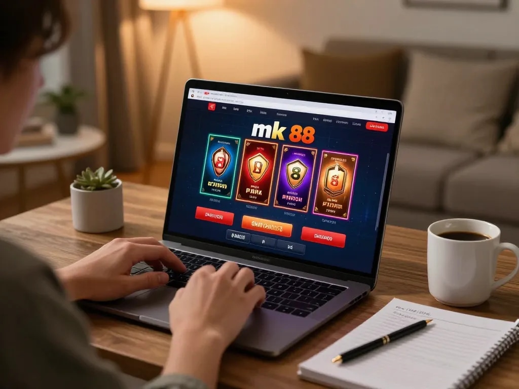 Engaging in online gambling using nk 88 link on laptop in a cozy home setting
