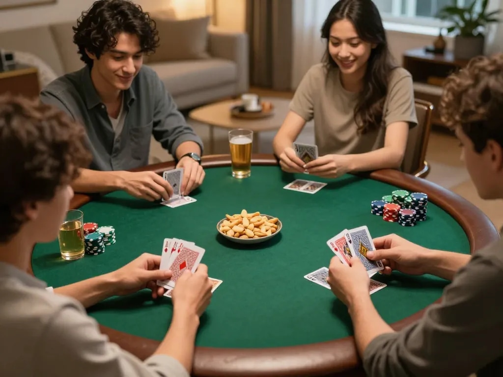 Engaging poker players enjoying their time at nhà cái lv88 during a friendly home game night.