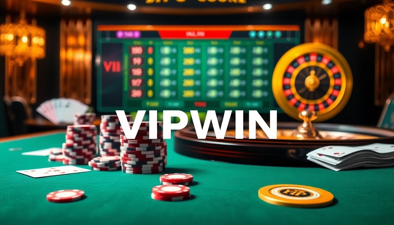Experience the luxury of VIPWIN with high-stakes poker and roulette in a modern casino setting.
