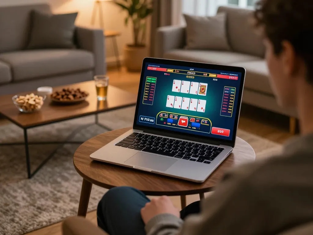 Engaging in online blackjack at home illustrating Da88 gaming strategies in a cozy environment.