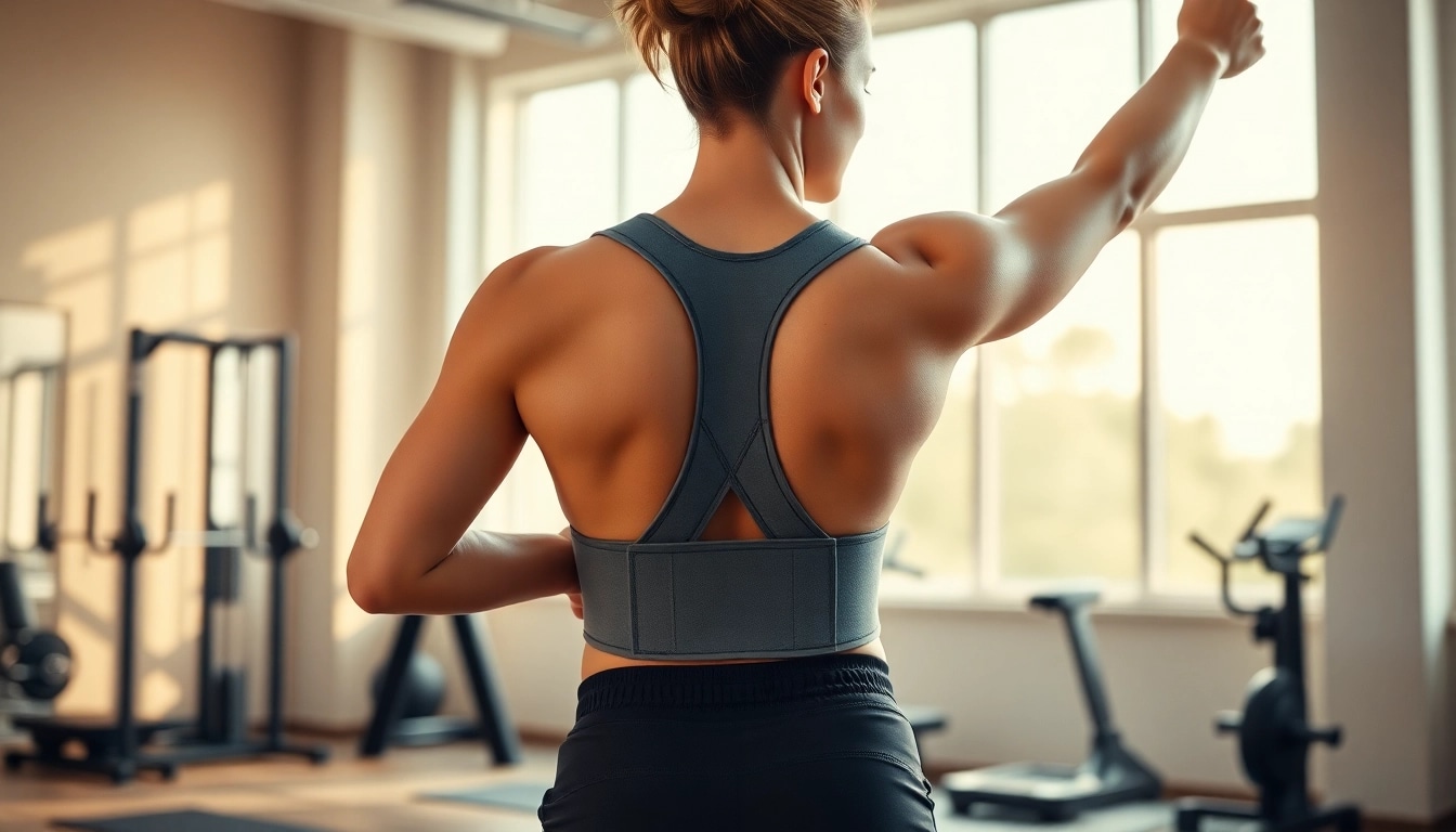 Fivali back brace worn by an active model demonstrating flexibility and support during a gym stretch.
