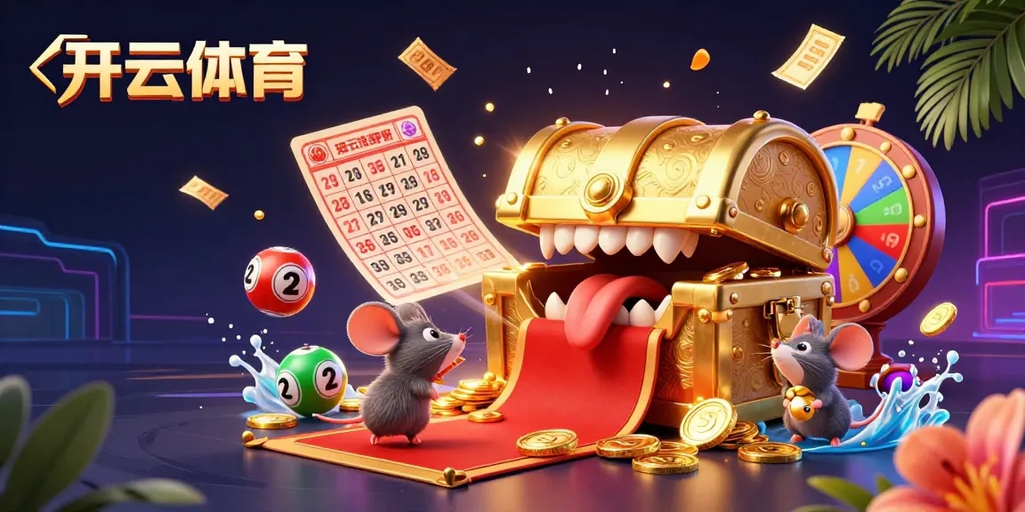 Join the excitement at 开云体育 with a vibrant 3D scene of a treasure chest, lottery balls, and a spinning prize wheel.