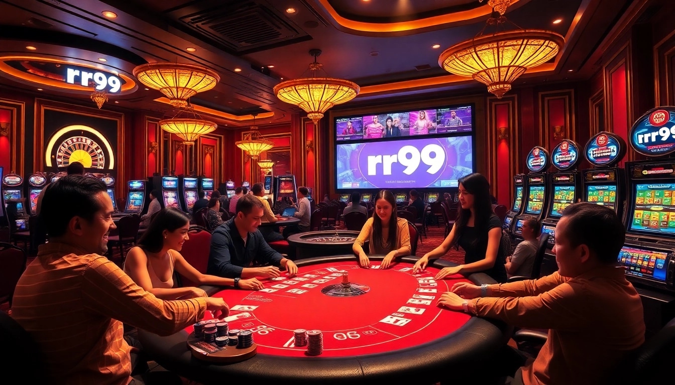 Experience the thrill of rr99 at a glamorous casino scene with poker tables and vibrant slot machines.
