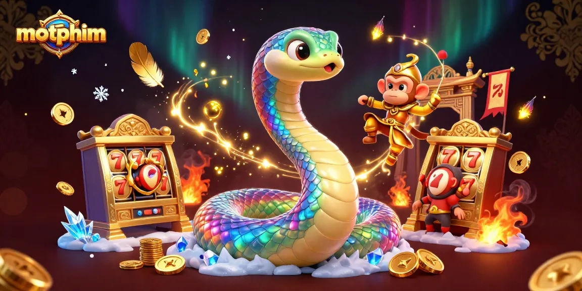 Engage with motphim's vibrant casino scene featuring a rainbow serpent, golden monkey king, and dynamic slot elements.