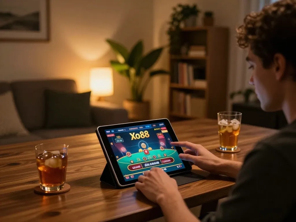 Xo88 player enjoying live dealer games on a tablet in a cozy home environment.