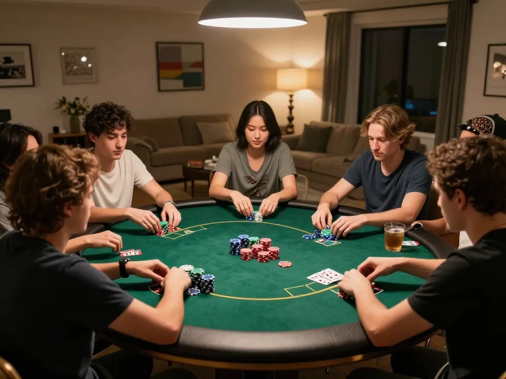 Players enjoying a friendly poker game at home while using Lu88 app for strategy