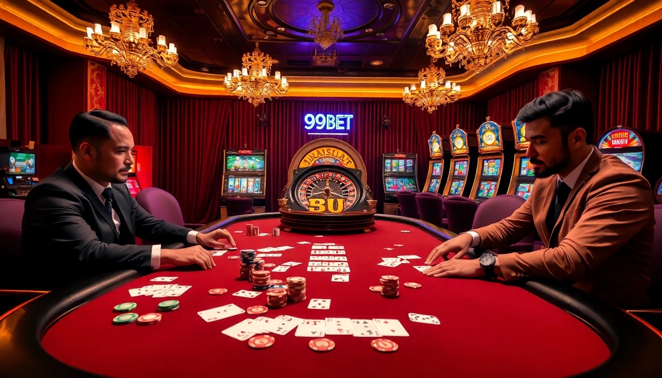 Exciting poker game scene at 89BET casino with vibrant chips, cards, and luxurious decor.