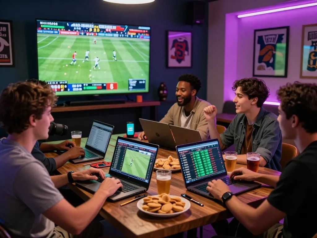Exciting online sports betting atmosphere at https://rikbet.in.net/ with friends and vibrant decor during a live event.
