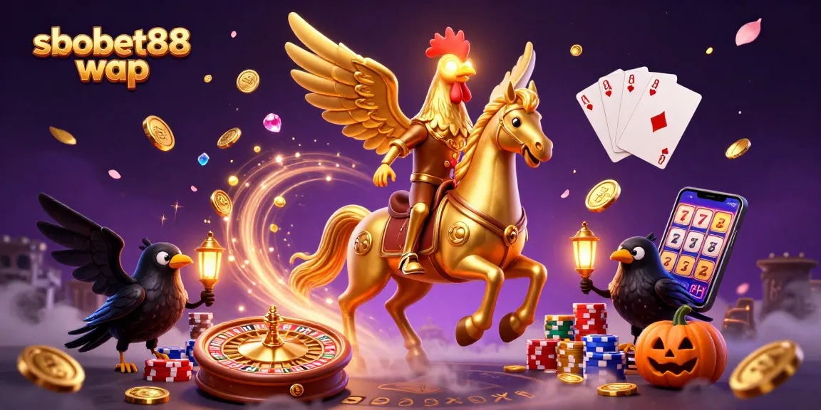 Experience sbobet88 wap in a dynamic casino scene featuring golden rooster and treasures.