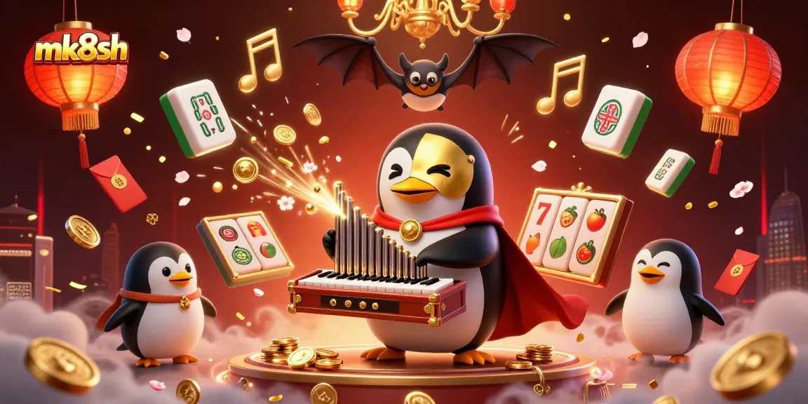Experience excitement with mk8sh in a vibrant casino scene featuring a whimsical penguin at an organ.