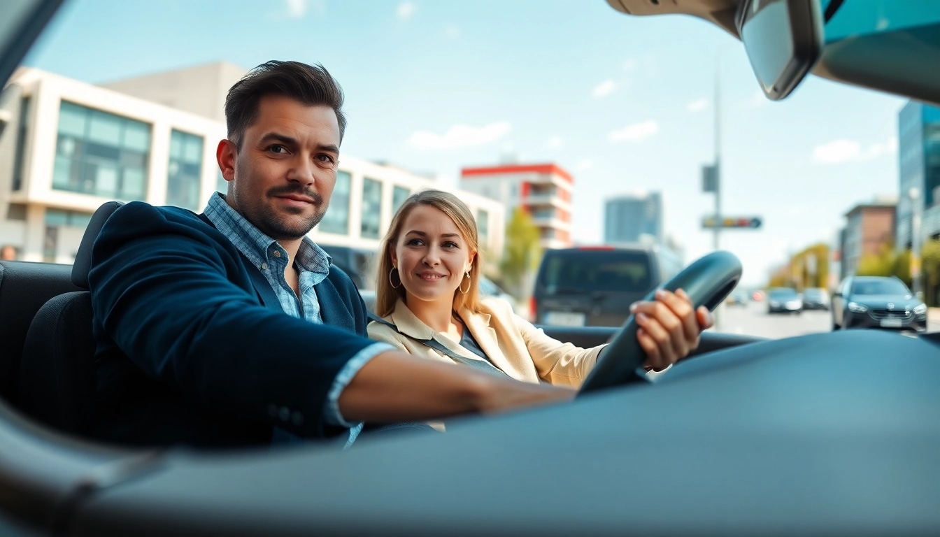 Engaging automatic driving lessons Portsmouth with an instructor and student in a modern urban environment.