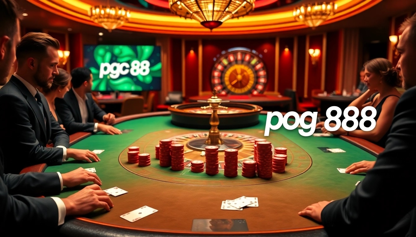 Players engaging at a high-stakes poker table, showcasing pg 88's premium casino experience.