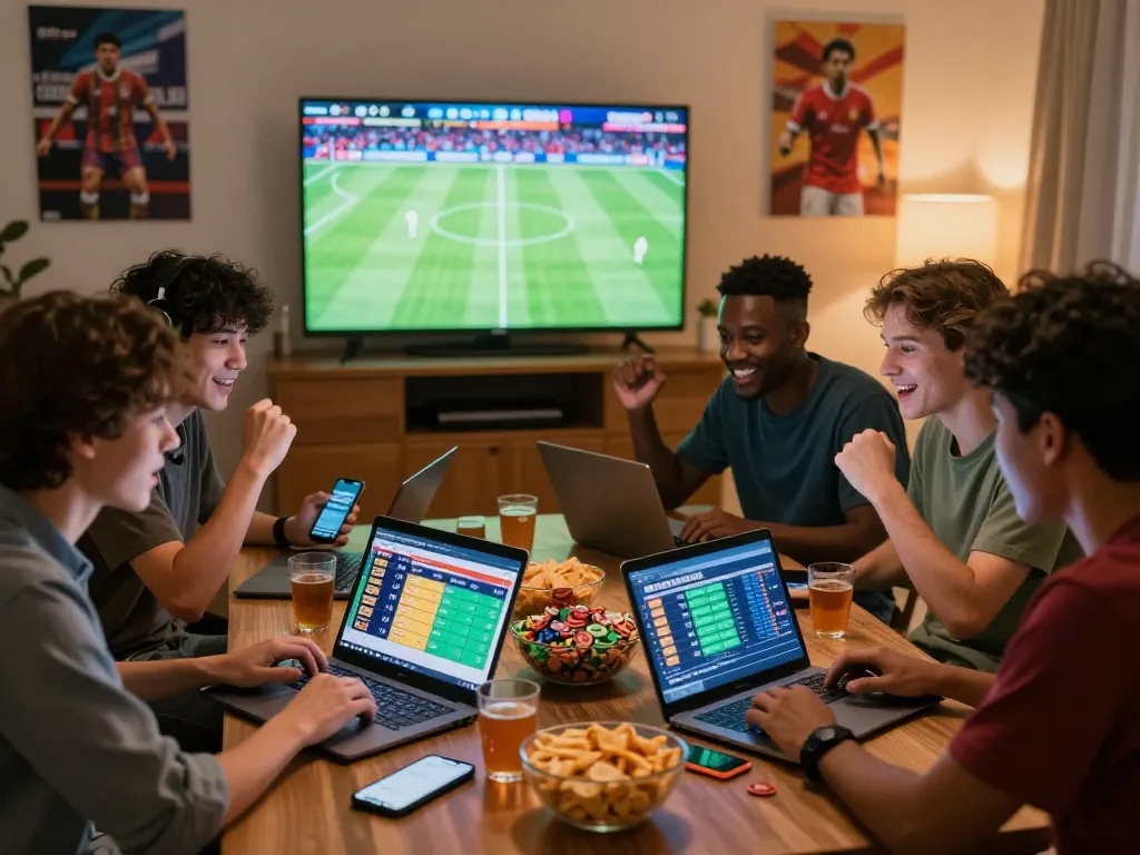 Friends analyzing kèo nhà cái hôm nay during a lively game night with snacks and excitement.