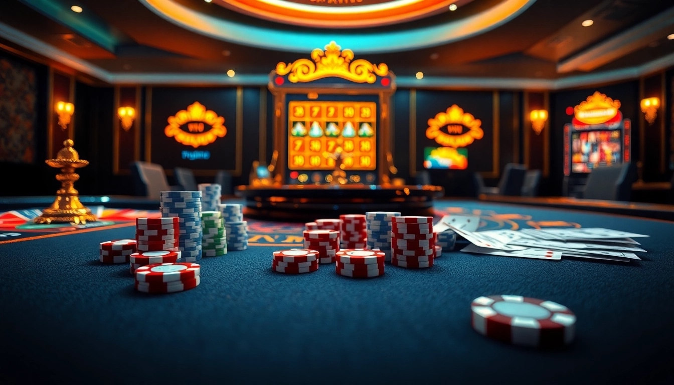 Experience the thrill of winning at https://zk88.club/ with a luxurious online casino setting showcasing vibrant gaming elements.