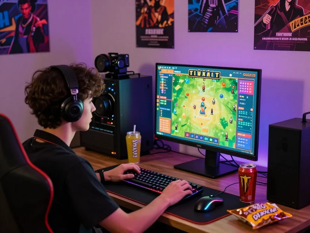 Engaging player focused on tài xỉu online game in a vibrant home setup with gaming peripherals.